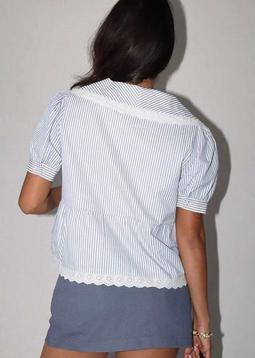 Whitney Striped Lace Trim Top - Blue - Image 3